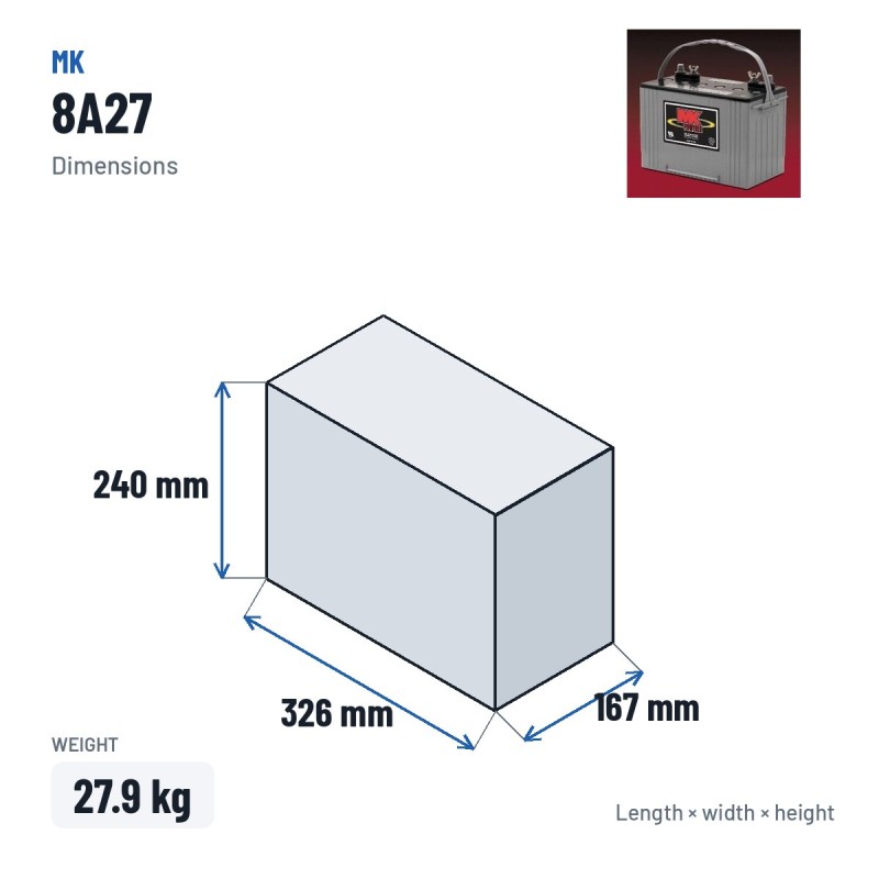Batterie fauteuil roulant MK Powered 8A27 12V 92Ah AGM – dimensions 326 × 167 × 240 mm