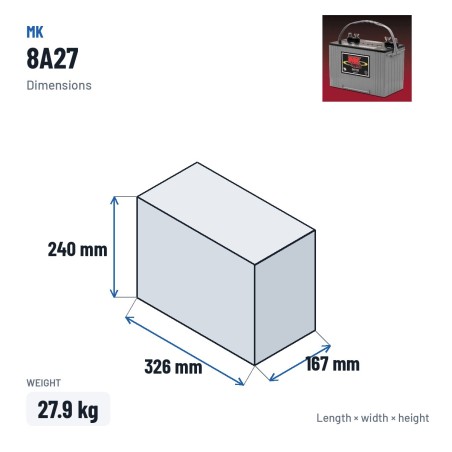 Batterie fauteuil roulant MK Powered 8A27 12V 92Ah AGM – dimensions 326 × 167 × 240 mm
