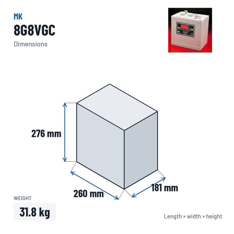 Batería de silla de ruedas MK Powered 8G8VGC 8V 140Ah GEL – medidas 260 × 181 × 276 mm