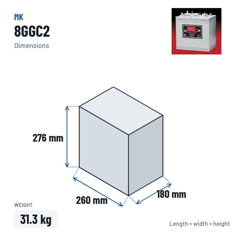 Batteria per carrozzina MK Powered 8GGC2 6V 180Ah 585A GEL – dimensioni 260 × 180 × 276 mm