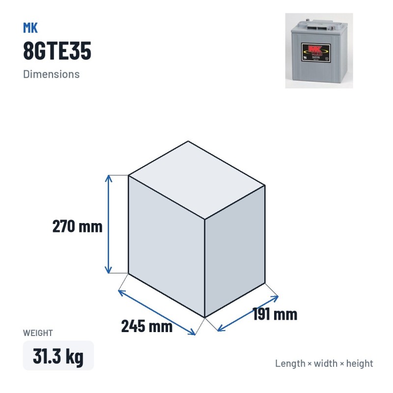 Wheelchair battery MK Powered 8GTE35 6V 196Ah GEL – dimensions 245 × 191 × 270 mm