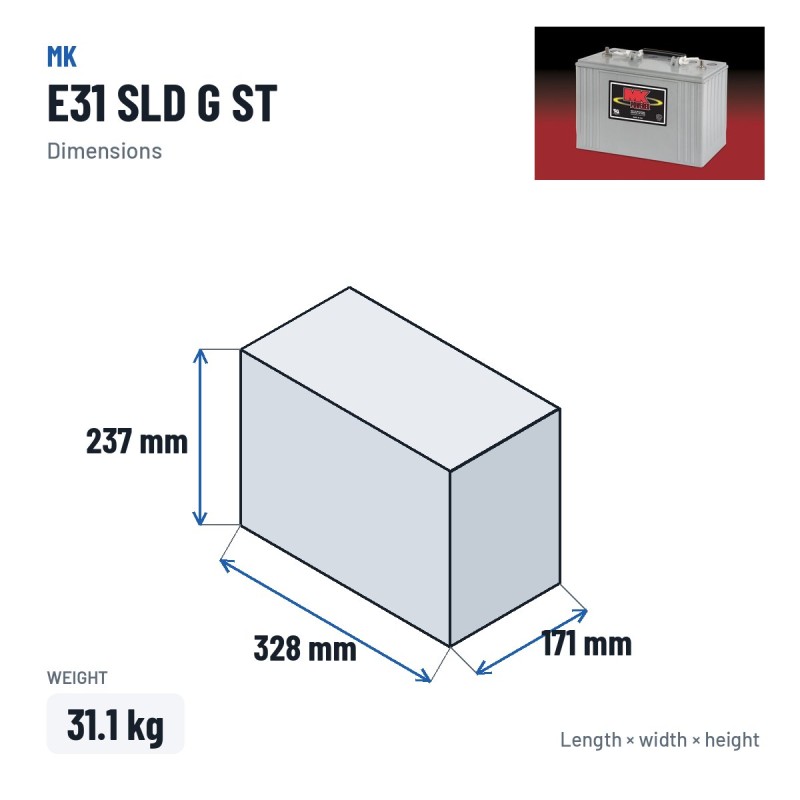 Rollstuhlbatterie MK Powered E31 SLD G ST 12V 97.6Ah 450A GEL – Abmessungen 328 × 171 × 237 mm