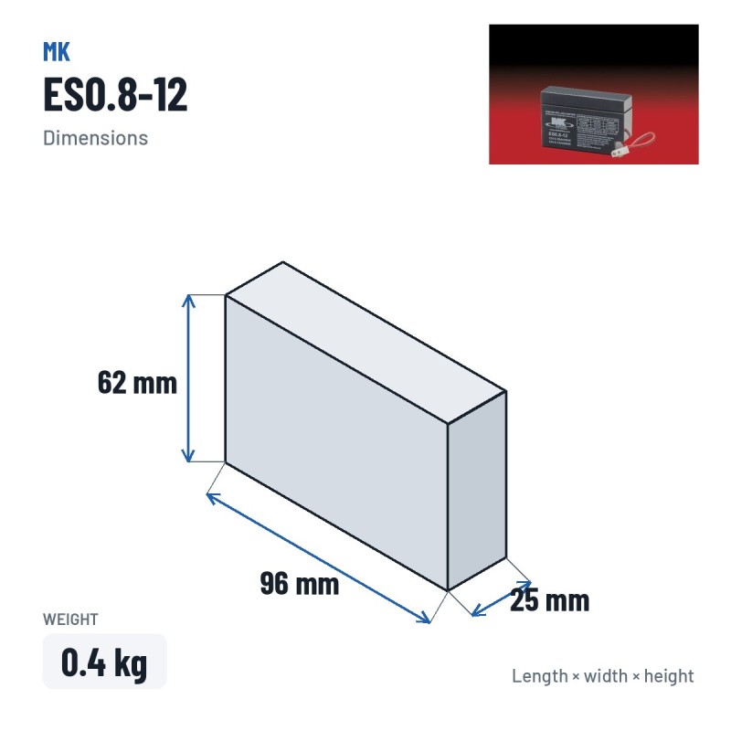 Batterie fauteuil roulant MK Powered ES0.8-12 12V 0.7Ah AGM – dimensions 96 × 25 × 62 mm
