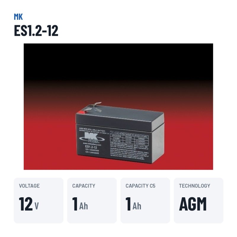 Bateria de cadeira de rodas MK Powered ES1.2-12 12V 1.2Ah AGM – dados principais