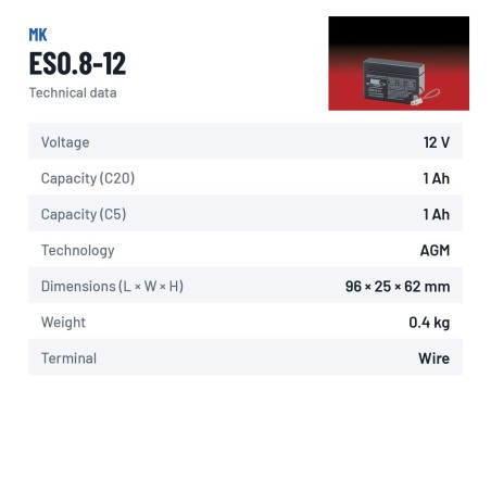 Batterie fauteuil roulant MK Powered ES0.8-12 12V 0.7Ah AGM – fiche technique