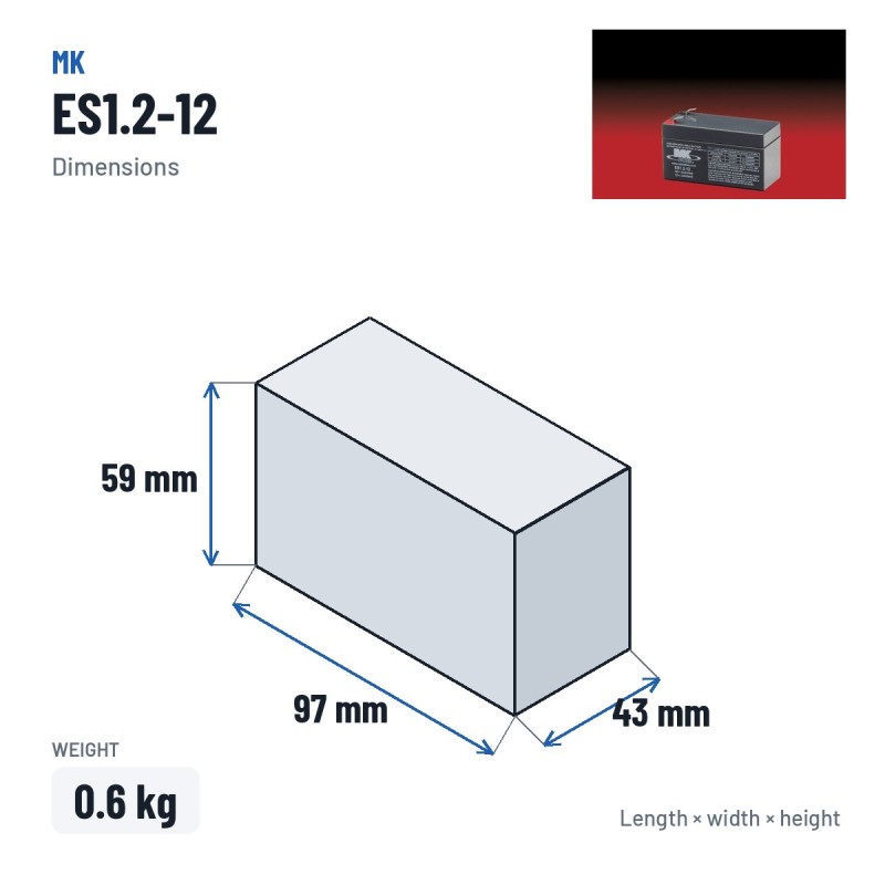 Batteria per carrozzina MK Powered ES1.2-12 12V 1.2Ah AGM – dimensioni 97 × 43 × 59 mm