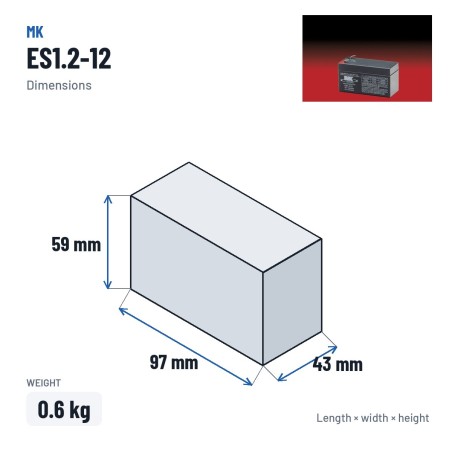 Batteria per carrozzina MK Powered ES1.2-12 12V 1.2Ah AGM – dimensioni 97 × 43 × 59 mm