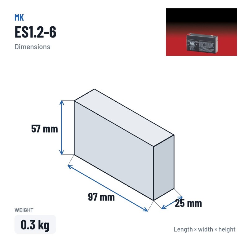 Batterie fauteuil roulant MK Powered ES1.2-6 6V 1.2Ah AGM – dimensions 97 × 25 × 57 mm