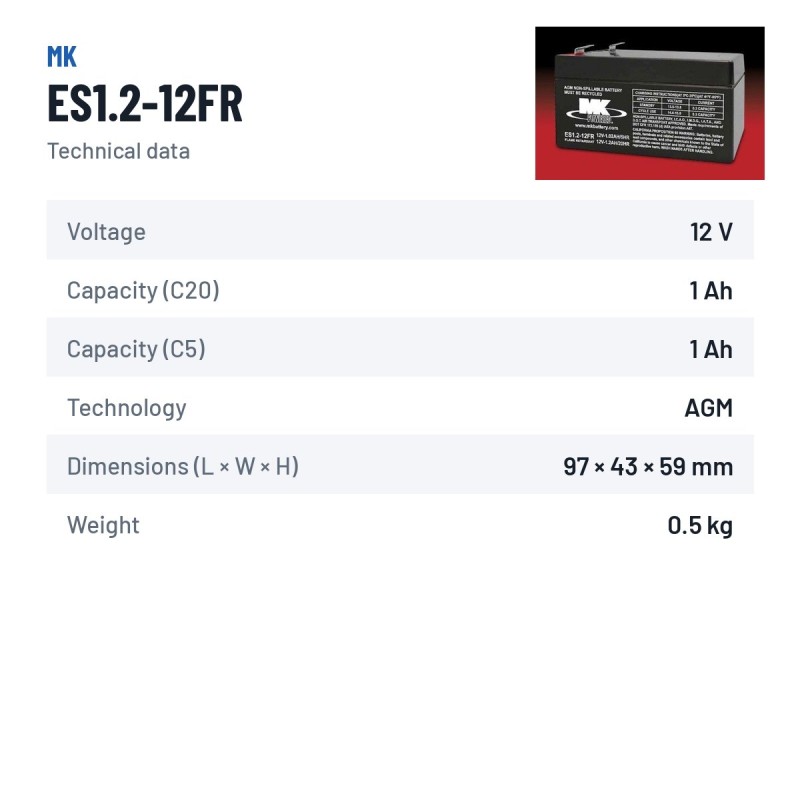 Wheelchair battery MK Powered ES1.2-12FR 12V 1.2Ah AGM