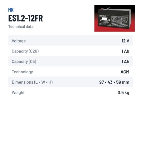 Wheelchair battery MK Powered ES1.2-12FR 12V 1.2Ah AGM