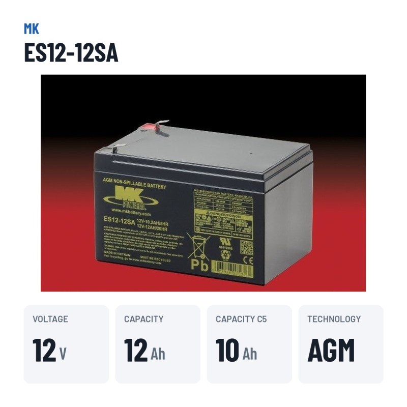 Bateria de cadeira de rodas MK Powered ES12-12SA 12V 12Ah AGM – dados principais