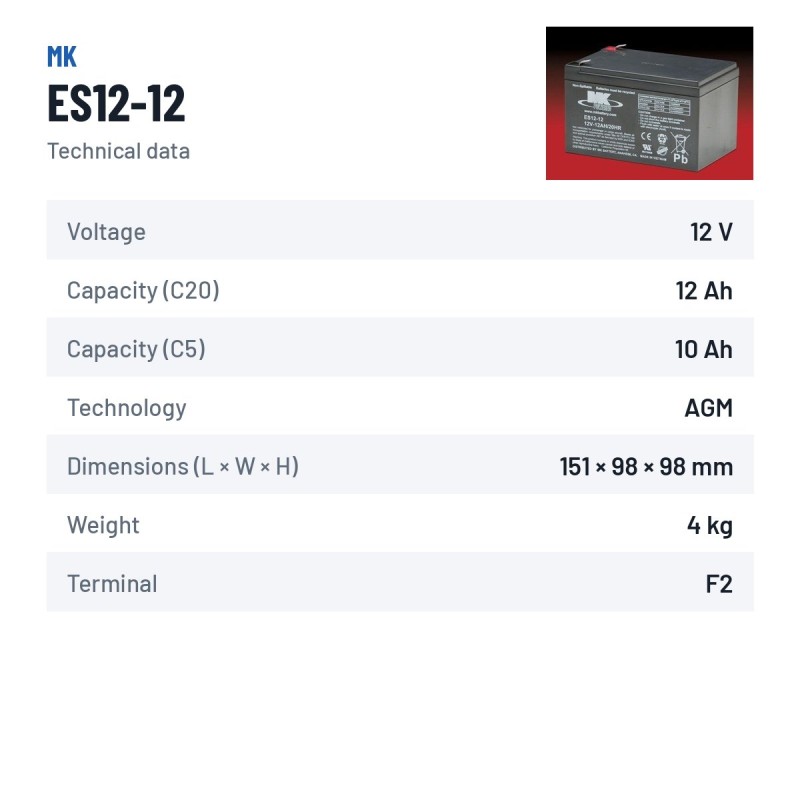 Rollstuhlbatterie MK Powered ES12-12 12V 12Ah AGM | baterias.com