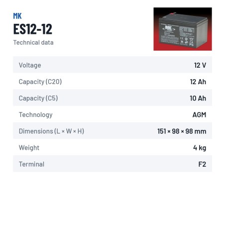 Rollstuhlbatterie MK Powered ES12-12 12V 12Ah AGM | baterias.com