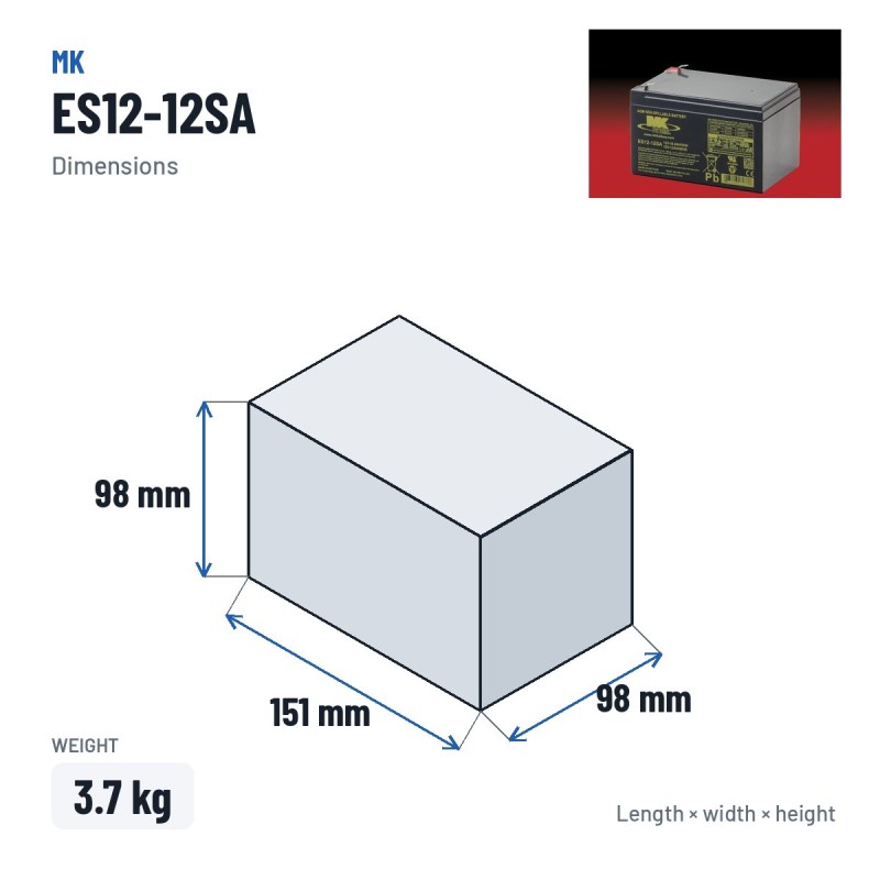 Batterie fauteuil roulant MK Powered ES12-12SA 12V 12Ah AGM – dimensions 151 × 98 × 98 mm