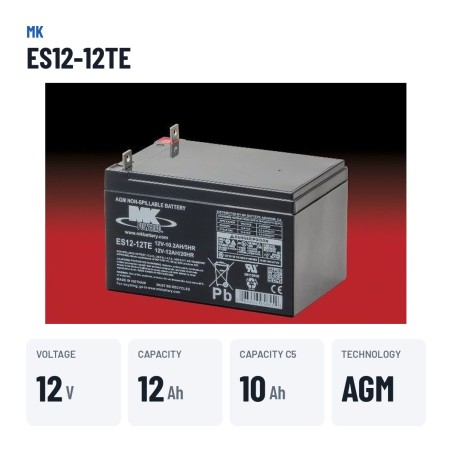 Bateria de cadeira de rodas MK Powered ES12-12TE 12V 12Ah AGM – dados principais