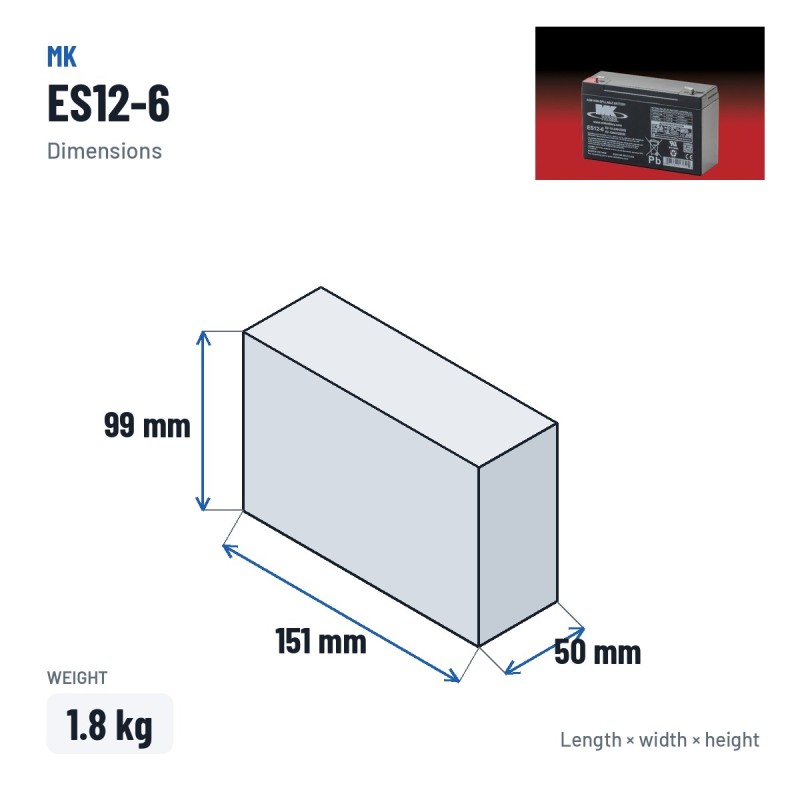 Batería de silla de ruedas MK Powered ES12-6 6V 12Ah AGM – medidas 151 × 50 × 99 mm