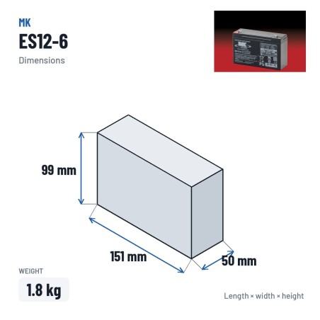 Batería de silla de ruedas MK Powered ES12-6 6V 12Ah AGM – medidas 151 × 50 × 99 mm