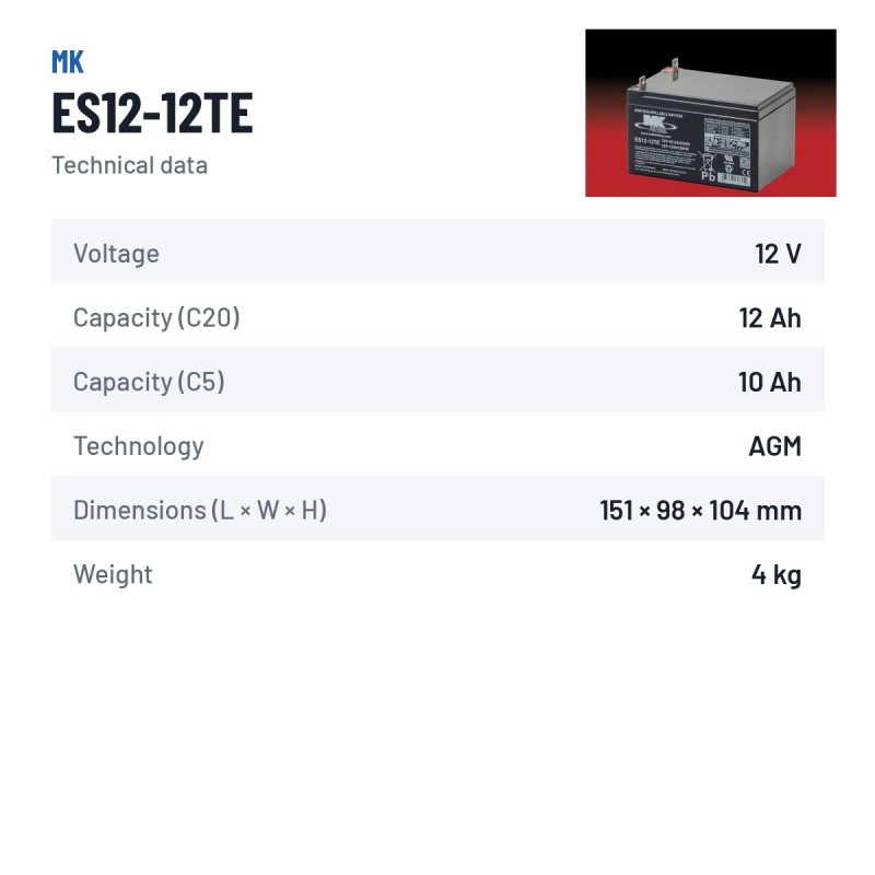 Bateria de cadeira de rodas MK Powered ES12-12TE 12V 12Ah AGM – ficha técnica