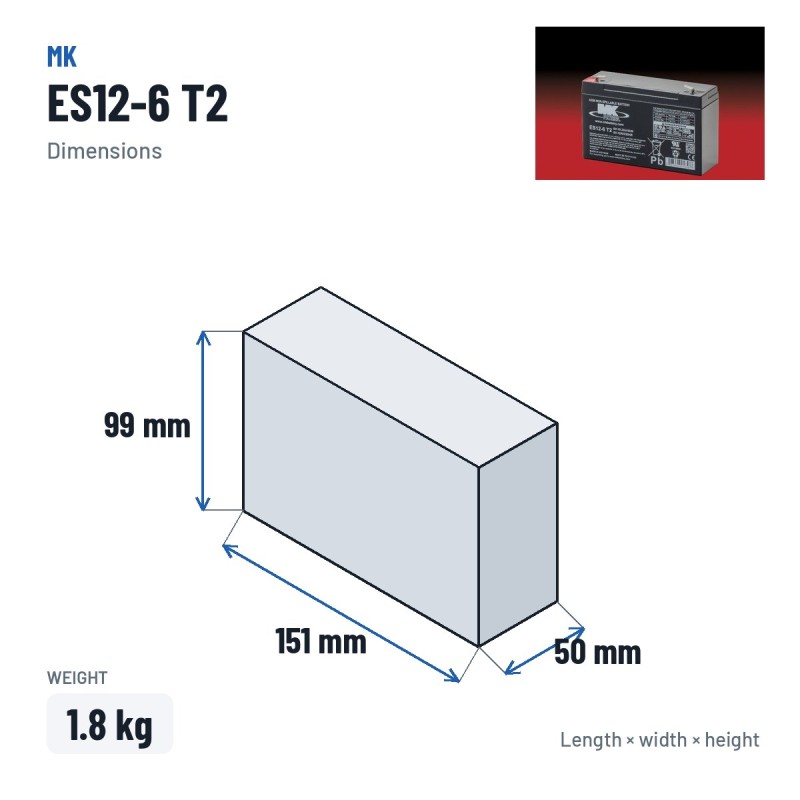 Wheelchair battery MK Powered ES12-6 T2 6V 12Ah AGM – dimensions 151 × 50 × 99 mm