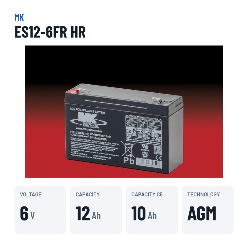 Wheelchair battery MK Powered ES12-6FR HR 6V 12Ah AGM – key specs