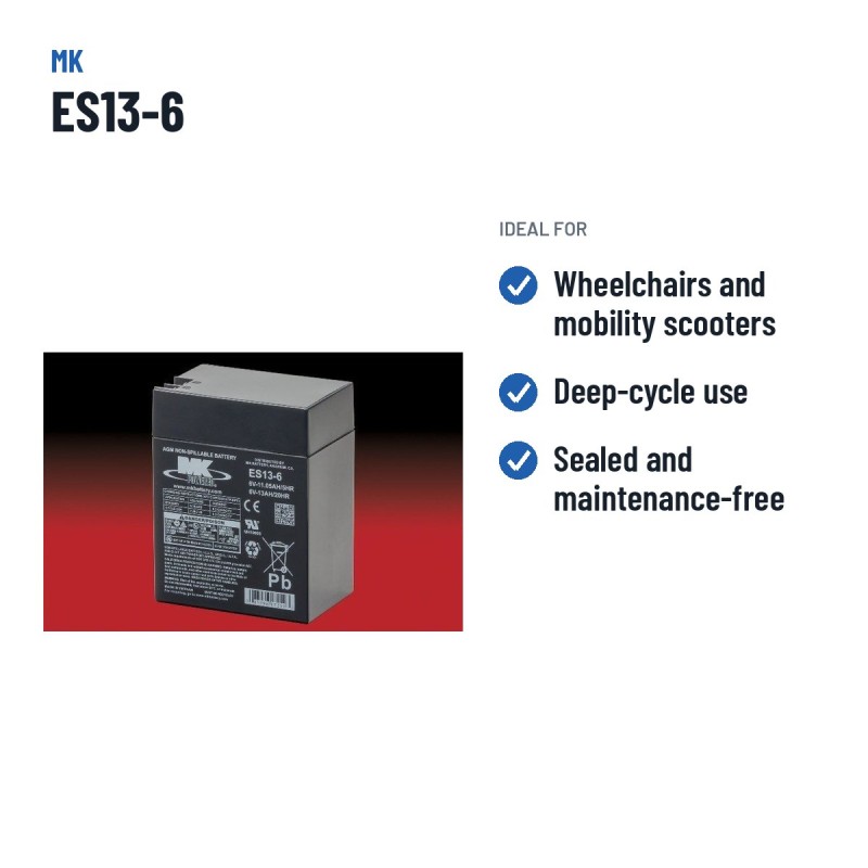 Batterie fauteuil roulant MK Powered ES13-6 6V 13Ah AGM – utilisations recommandées