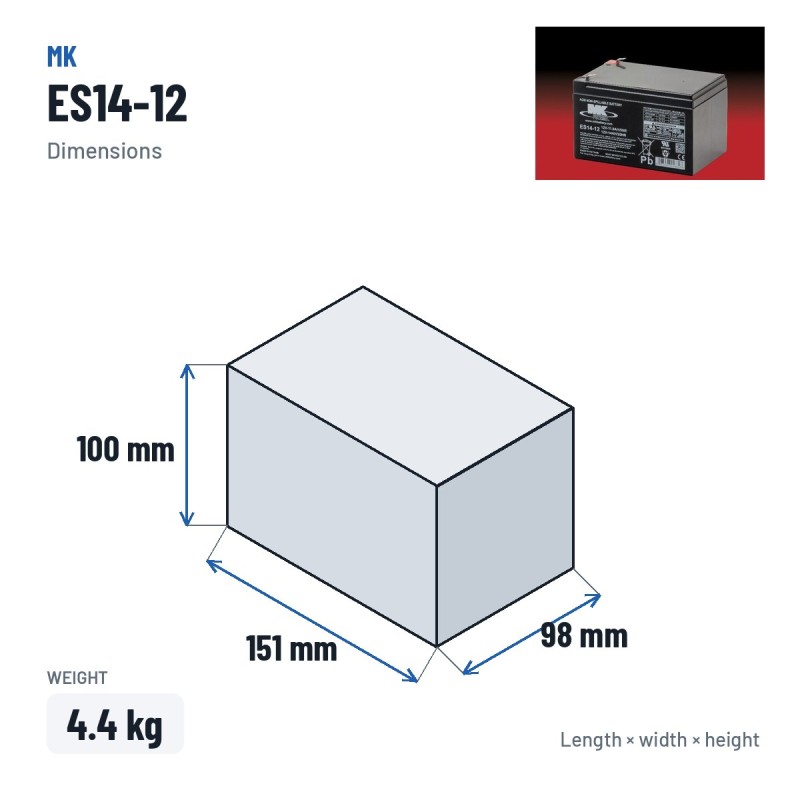Wheelchair battery MK Powered ES14-12 12V 14Ah AGM – dimensions 151 × 98 × 100 mm