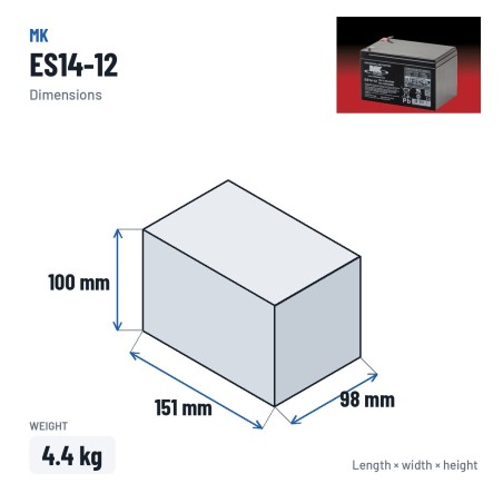 Wheelchair battery MK Powered ES14-12 12V 14Ah AGM – dimensions 151 × 98 × 100 mm
