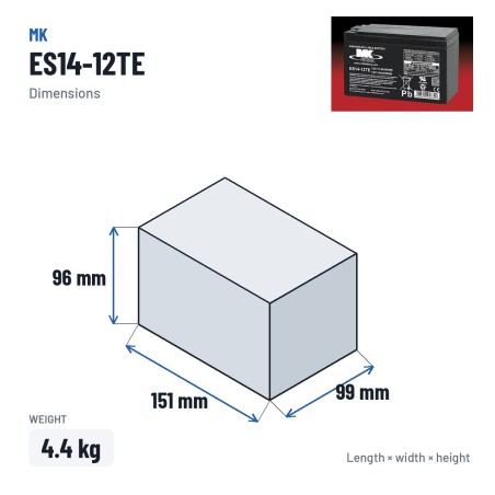 Rollstuhlbatterie MK Powered ES14-12TE 12V 14Ah AGM – Abmessungen 151 × 99 × 96 mm
