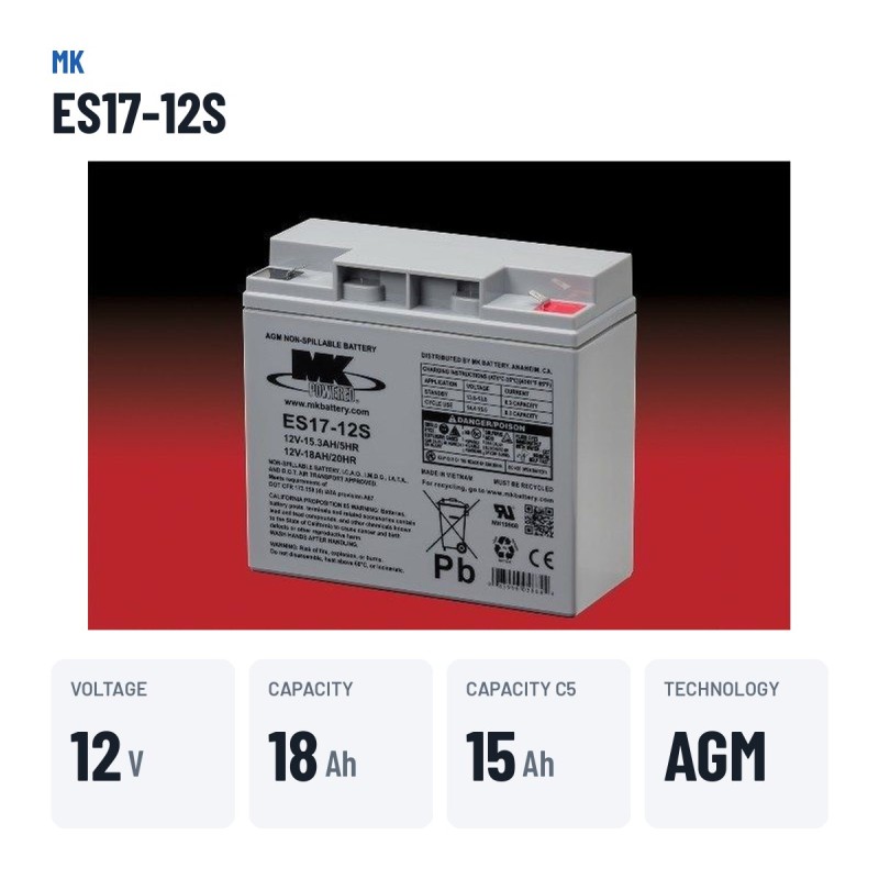 Bateria de cadeira de rodas MK Powered ES17-12S 12V 18Ah AGM – dados principais
