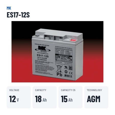 Bateria de cadeira de rodas MK Powered ES17-12S 12V 18Ah AGM – dados principais