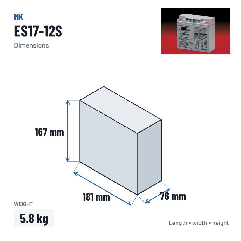 Bateria de cadeira de rodas MK Powered ES17-12S 12V 18Ah AGM – medidas 181 × 76 × 167 mm
