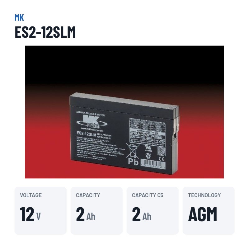 Bateria de cadeira de rodas MK Powered ES2-12SLM 12V 2Ah AGM – dados principais