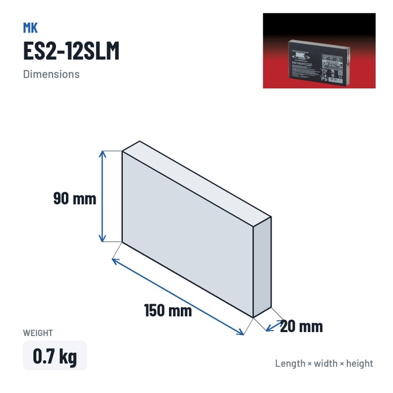 Wheelchair battery MK Powered ES2-12SLM 12V 2Ah AGM – dimensions 150 × 20 × 90 mm