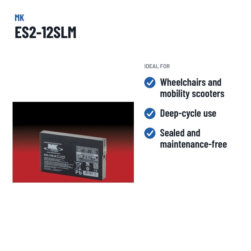 Bateria de cadeira de rodas MK Powered ES2-12SLM 12V 2Ah AGM – utilizações recomendadas