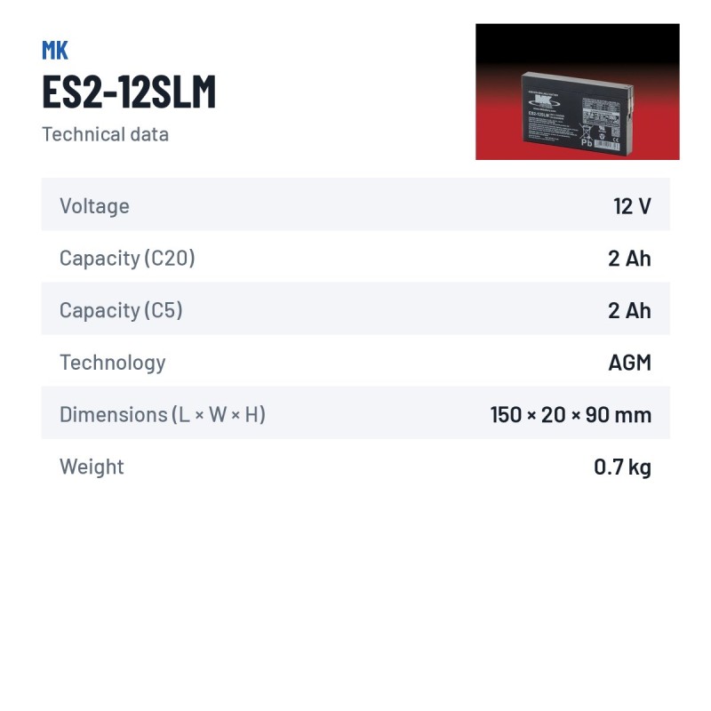 Wheelchair battery MK Powered ES2-12SLM 12V 2Ah AGM – technical data