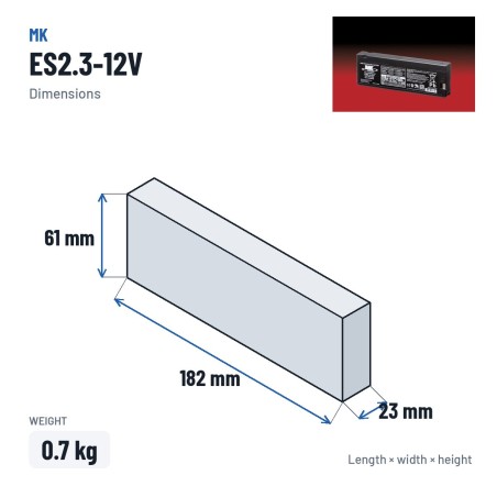 Batterie fauteuil roulant MK Powered ES2.3-12V 12V 2.1Ah AGM – dimensions 182 × 23 × 61 mm