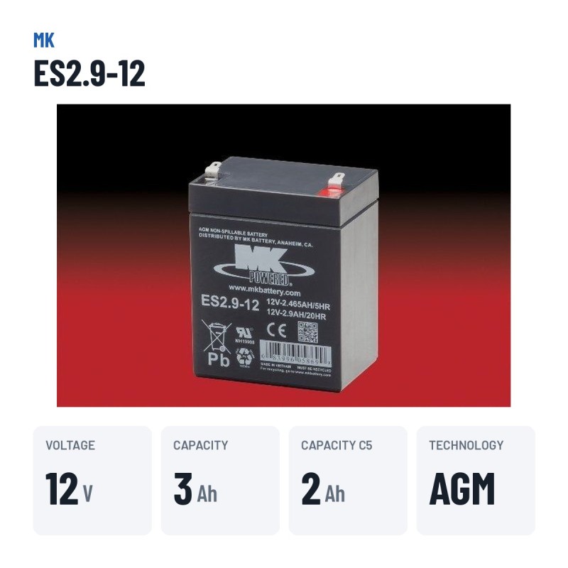 Wheelchair battery MK Powered ES2.9-12 12V 2.9Ah AGM – key specs