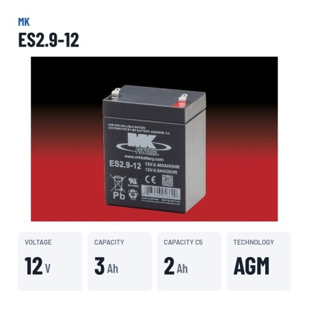 Batterie fauteuil roulant MK Powered ES2.9-12 12V 2.9Ah AGM – caractéristiques clés