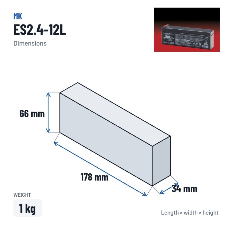 Batería de silla de ruedas MK Powered ES2.4-12L 12V 2.4Ah AGM – medidas 178 × 34 × 66 mm