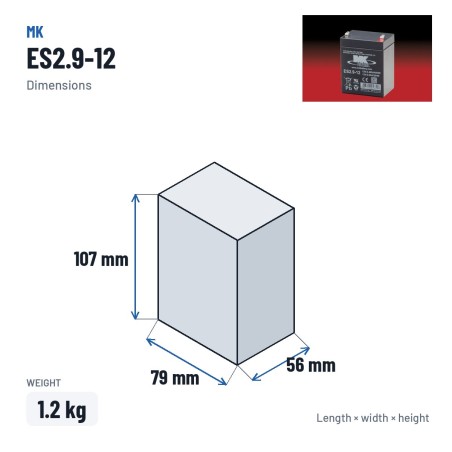 Batterie fauteuil roulant MK Powered ES2.9-12 12V 2.9Ah AGM – dimensions 79 × 56 × 107 mm