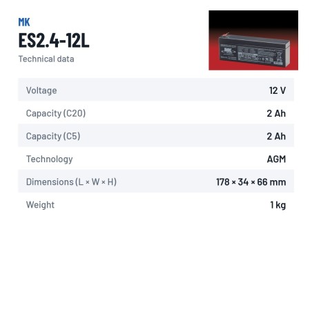 Batteria per carrozzina MK Powered ES2.4-12L 12V 2.4Ah AGM – scheda tecnica
