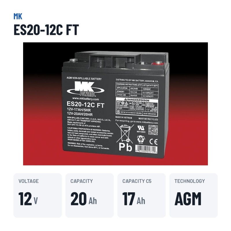 Wheelchair battery MK Powered ES20-12C FT 12V 20Ah AGM – key specs