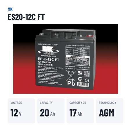 Wheelchair battery MK Powered ES20-12C FT 12V 20Ah AGM – key specs