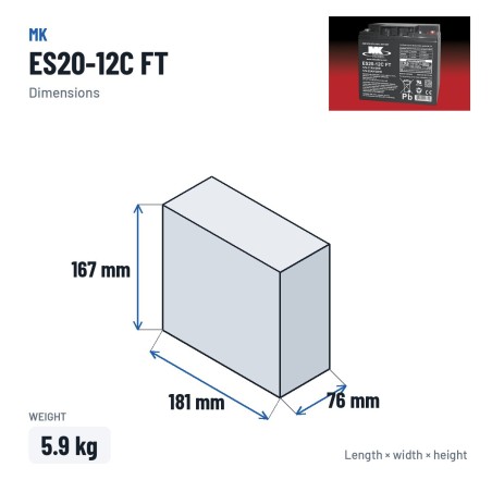 Batería de silla de ruedas MK Powered ES20-12C FT 12V 20Ah AGM – medidas 181 × 76 × 167 mm