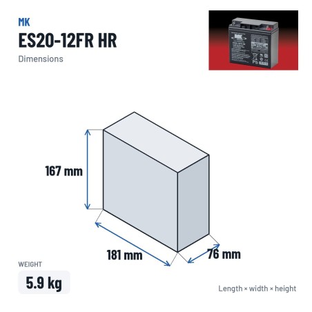 Rollstuhlbatterie MK Powered ES20-12FR HR 12V 20Ah AGM – Abmessungen 181 × 76 × 167 mm