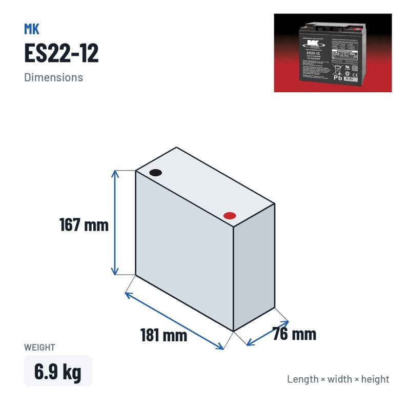 Wheelchair battery MK Powered ES22-12 12V 22Ah AGM – dimensions 181 × 76 × 167 mm