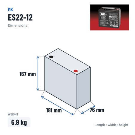 Wheelchair battery MK Powered ES22-12 12V 22Ah AGM – dimensions 181 × 76 × 167 mm