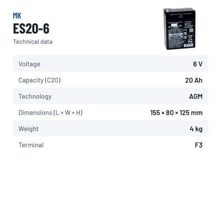 Batteria per carrozzina MK Powered ES20-6 6V 20Ah AGM