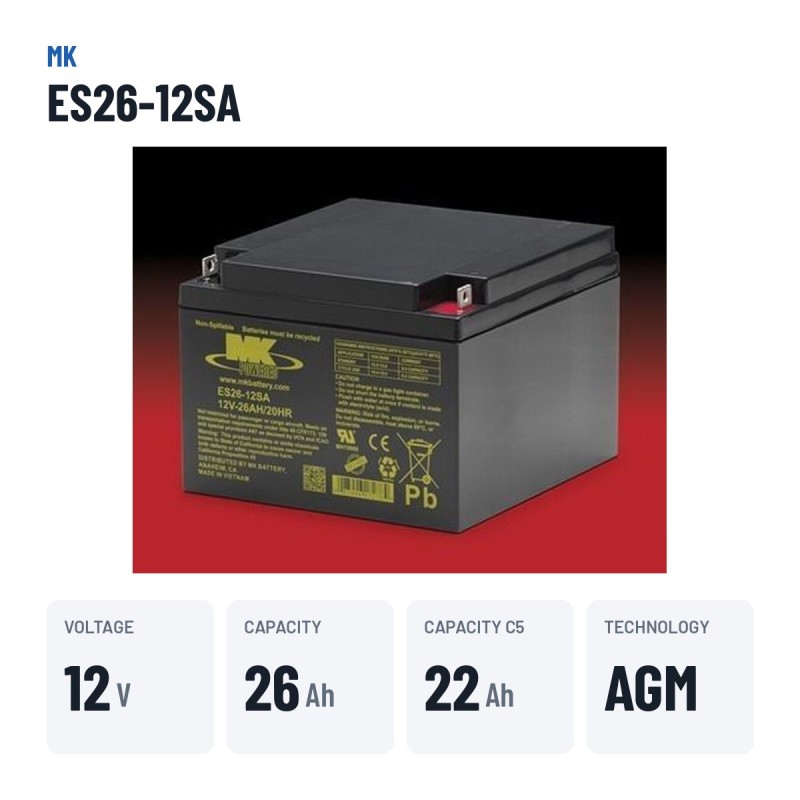 Wheelchair battery MK Powered ES26-12SA 12V 26Ah AGM – key specs