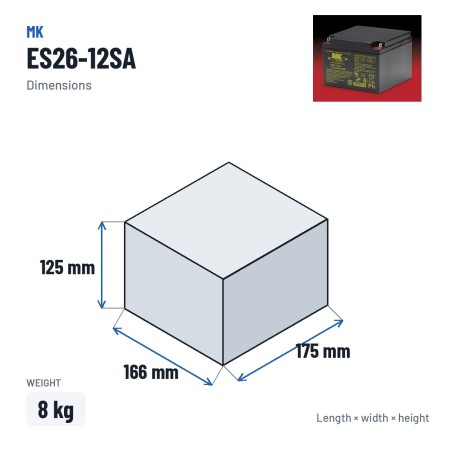 Wheelchair battery MK Powered ES26-12SA 12V 26Ah AGM – dimensions 166 × 175 × 125 mm